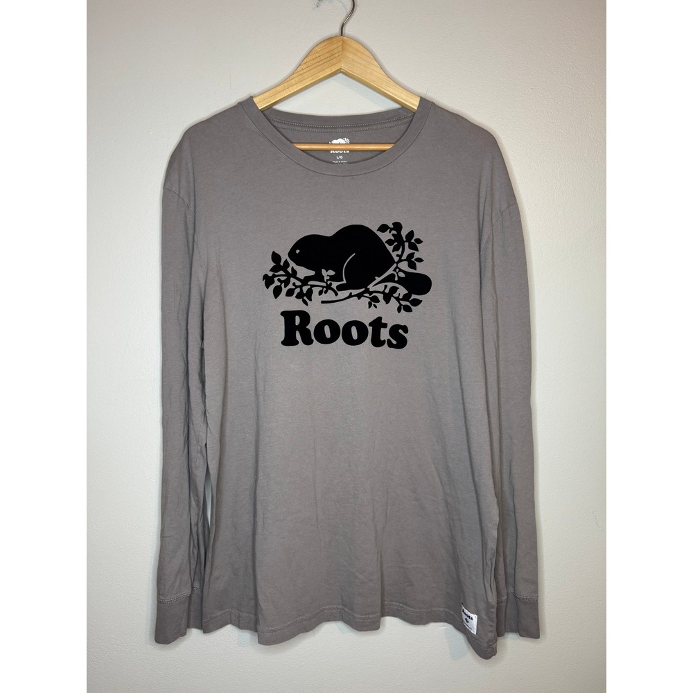 Roots Mens Organic Cotton Long Sleeve Beaver Logo‎ T-Shirt Grey L
